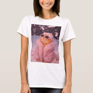T-shirt Chat Glam Money en manteau de fourrure rose et lun