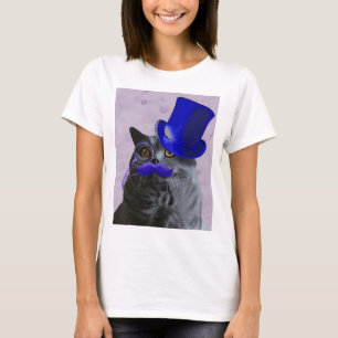 T-shirt Chat gris avec chapeau bleu et moustache
