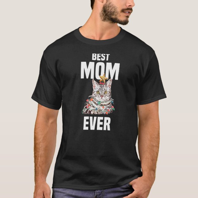 T-shirt Chat gris mignon aux lumières de fées Meilleure ma (Devant)