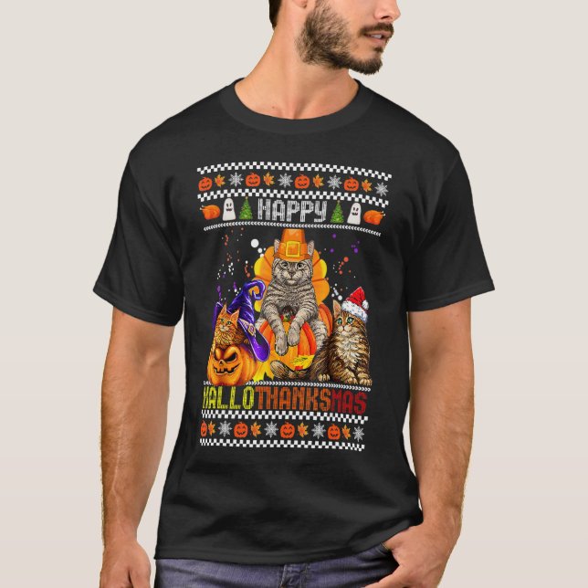 T-shirt Chat Hallothanksmas Halloween Thanksgiving Ch (Devant)