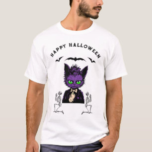 T-shirt Chat Halloween violet avec chauves-souris et squel