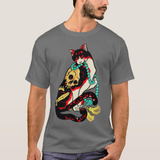 T-shirt Chat imprimé en bois japonais ancien avec fleurs
