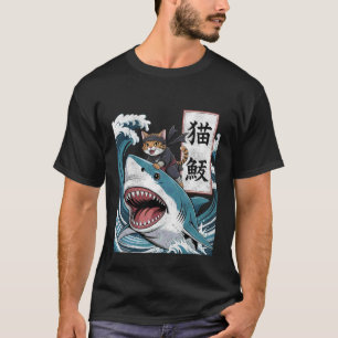 T-shirt Chat Japonais Ninja Samouraï Chevauchant un Requin