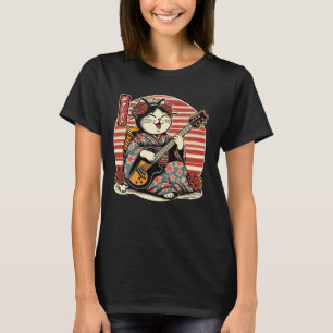 T-shirt Chat Japonais Samurai Jouant À La Guitare Électriq