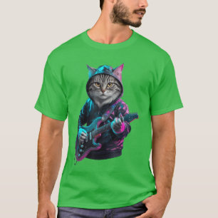 T-shirt Chat Jouant de la Guitare Rock and Roll Rock Star