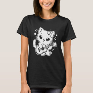 T-shirt Chat Kawaii Jouant au Ukulele Manches Longues
