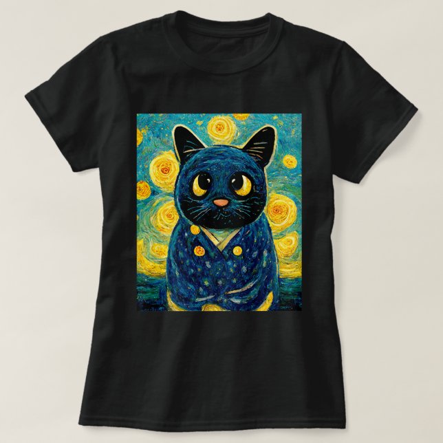 T-shirt Chat Kawaii Van Gogh Starry Nuit Chat Maman Chat P (Design devant)