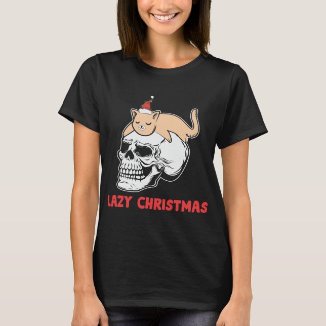 T-shirt Chat Kitten Sleeping Noël Xmas Lazy Crâne (Devant)