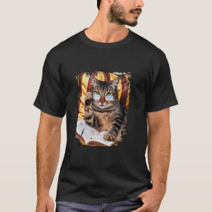 T-shirt Chat Kitty Drôle avec des Lunettes Lisant un Livre