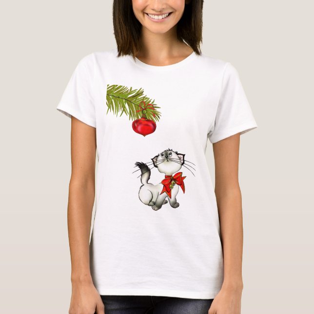 T-shirt Chat Kitty En Jeu Dans Une Bow De Noël Rouge (Devant)