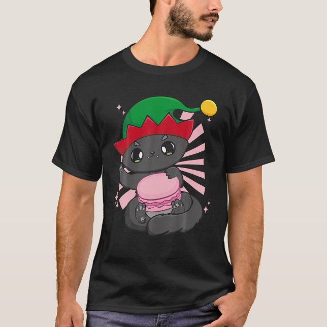 T-shirt Chat Macaron Cute Anime Manga Elf Kawaii Neko Otak (Devant)