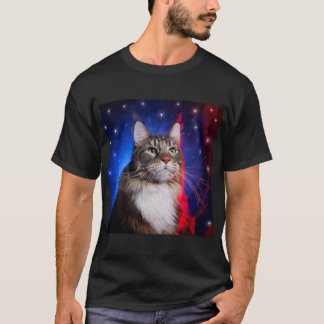 T-shirt Chat Maine Coon Avec Aura Bleu Rouge Blanc Et Étoi