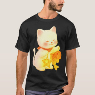 T-shirt Chat Maneki Neko Kawaii avec décoration de poisson