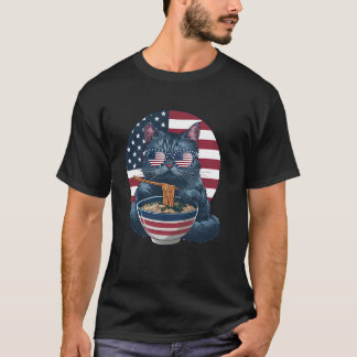T-shirt Chat Mangeant Des Ramen Drôle Chat Lunettes De Sol