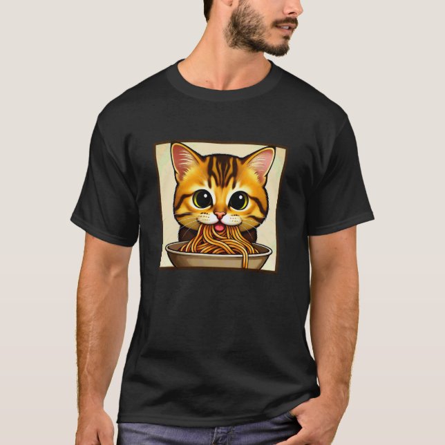 T-shirt Chat mangeant des spaghetti drôle (Devant)