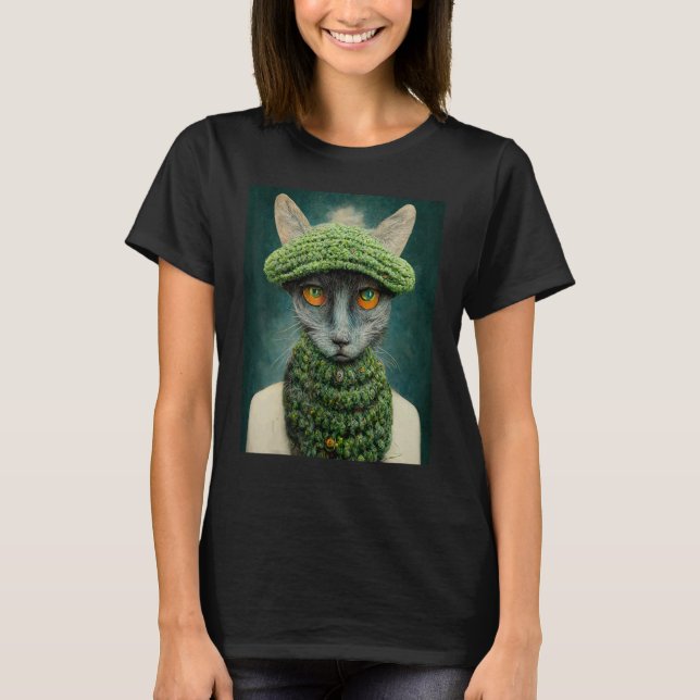 T-shirt Chat mignon d'hiver portant un chapeau tricoté C d (Devant)