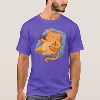 T-shirt Chat Mignon Kitty Joueur Pizza Blague Contrôle de