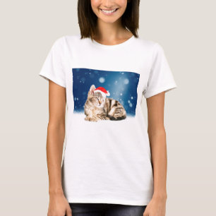 T-shirt Chat mignon portant chapeau de Noël rouge neige