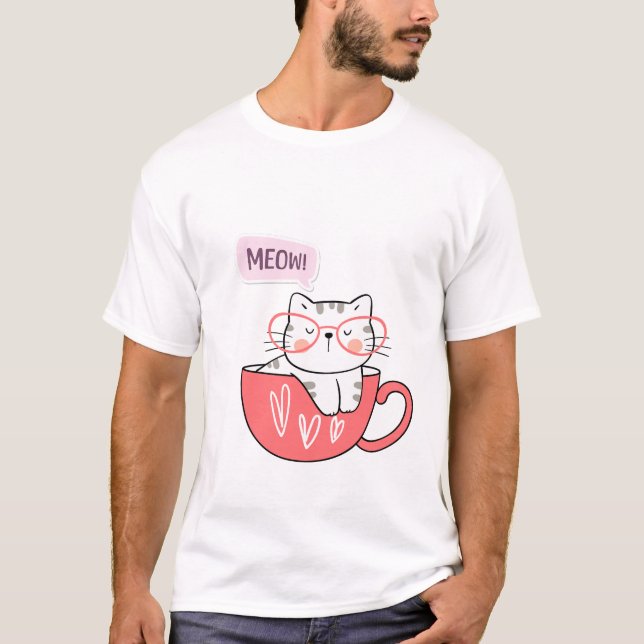 T-shirt chat miow dans une tasse (Devant)