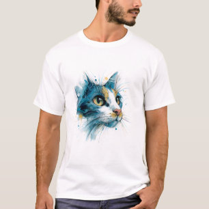 T-shirt Chat Moderne d'Art Lumineux Aquarelle Bleu Azur