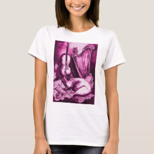 T-shirt CHAT MUSICAL ET OWL rose Fuchsia violet blanc