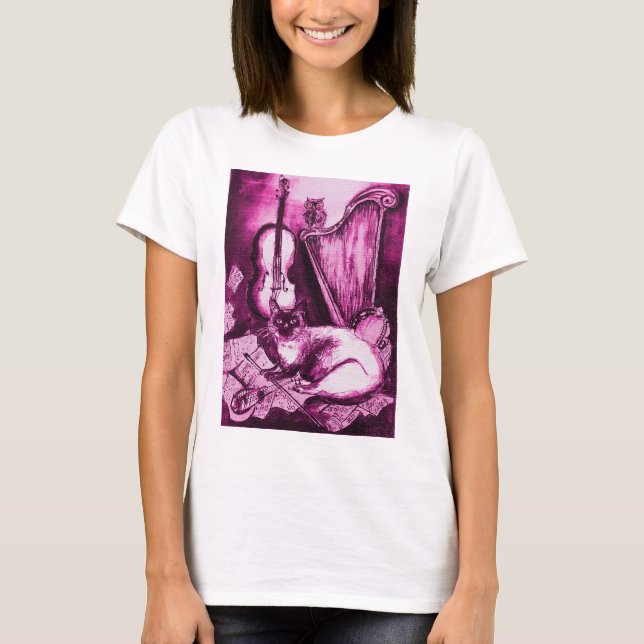 T-shirt CHAT MUSICAL ET OWL rose Fuchsia violet blanc (Devant)