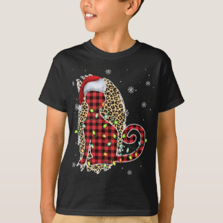 T-shirt Chat Noël Leopard Buffalo Plaid Red Santa Chapeau