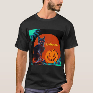 T-SHIRT CHAT NOIR AVEC CITROUILLE EN HALLOWEEN NIGHT