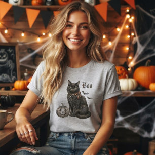 T-shirt Chat noir avec Jack o Lantern et chauves-souris. B
