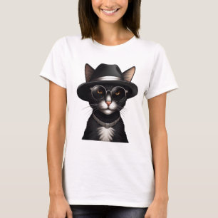 T-shirt chat noir avec lunettes de soleil et casquette, dr