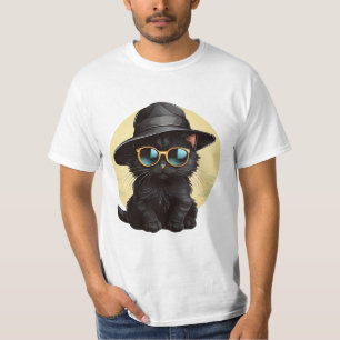 T-shirt chat noir avec lunettes de soleil et casquette, dr