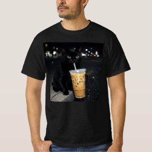 T-shirt Chat noir buvant un café glacé