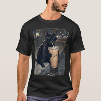 T-shirt Chat Noir Buvant un Café Glacé Drôle d'Animal