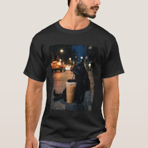 T-shirt Chat noir buvant un café glacé Mème d'animal drôle