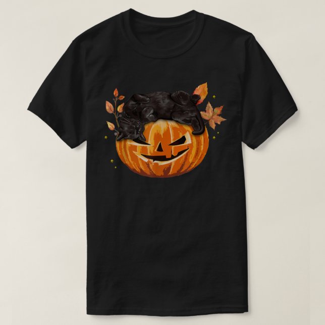 T-shirt Chat noir citrouille Feuilles d'automne Halloween  (Design devant)