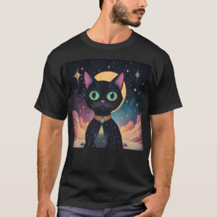 T-shirt Chat noir cosmique futuriste atomique en clair de 