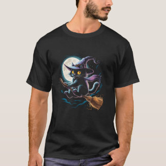 T-shirt Chat noir cuisiné sur un bâton à brosse avec Plein