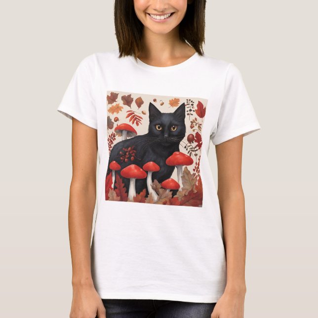 T-shirt Chat noir dans la forêt d'automne (Devant)