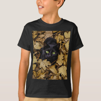 T-shirt Chat noir dans les feuilles d'automne
