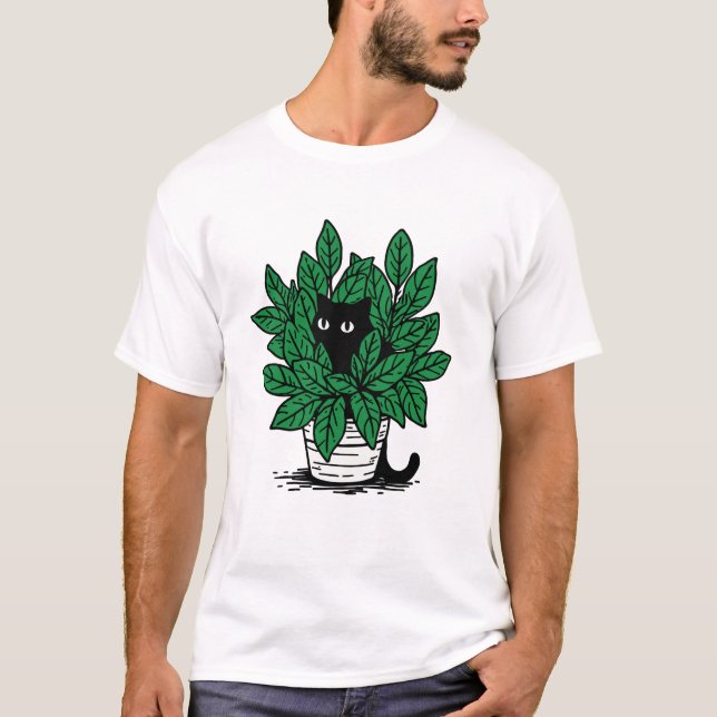 T-shirt Chat noir dans un pot de plante (Devant)