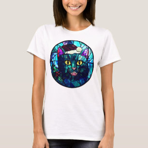 T-shirt Chat noir de Noël en vitrail qui miaule