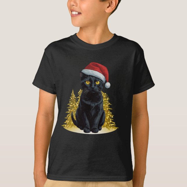 T-shirt Chat Noir de Noël mignon à Santa Hat Lumières LED (Devant)