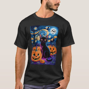 T-shirt Chat noir d'Halloween céleste dans Starry Night De