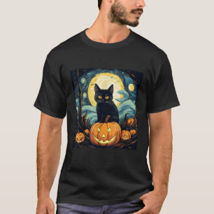 T-shirt Chat noir d'Halloween Van Gogh Sorcière Nuit étoil