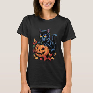 T-shirt Chat noir drôle avec citrouille rétro Halloween fa