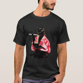 T-shirt Chat noir drôle mangeant du Ramen Femme japonaise 