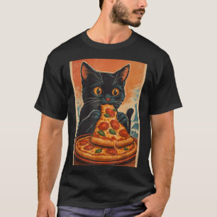 T-shirt Chat noir drôle mangeant une pizza rétro japonais