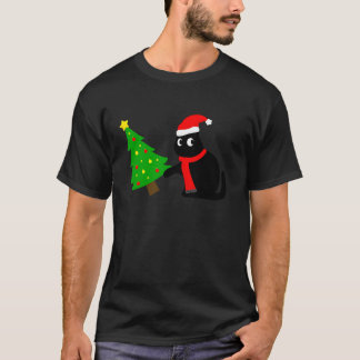 T-shirt Chat Noir Drôle Poussant Arbre De Noël Sur Chat Wh