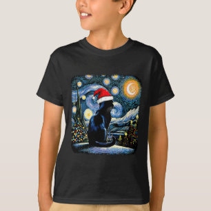 T-shirt Chat Noir Drôle Santa Hat Nuit de Noël Joyeux Ch