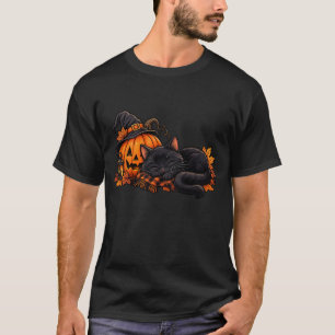 T-shirt Chat Noir Endormi à Côté d'un Citrouille Halloween